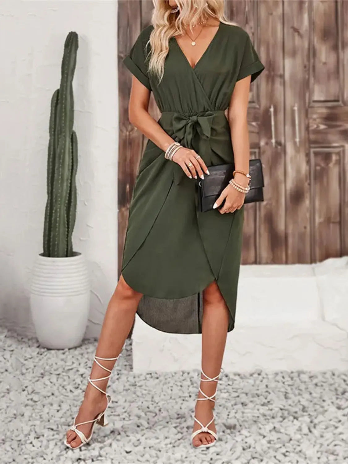 Tied Surplice Short Sleeve Dress Casual Dresses - Tophatter Daily Deals