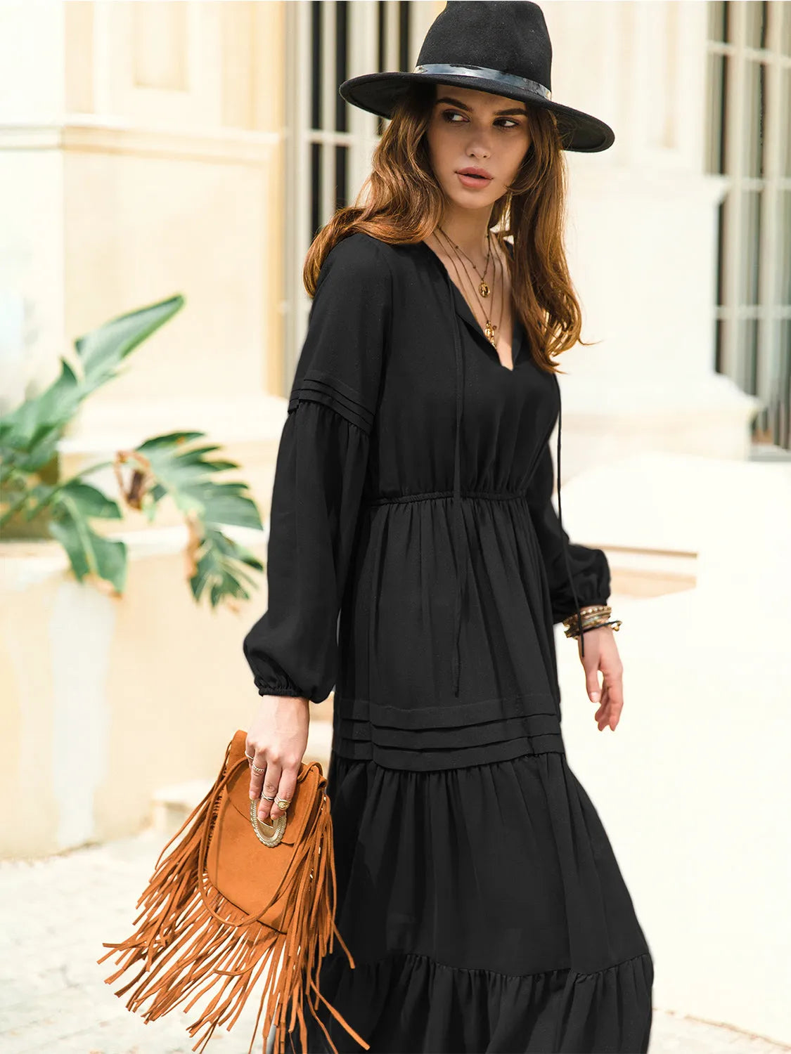 Tie Neck Long Sleeve Midi Tiered Dress Casual Dresses - Tophatter Daily Deals