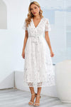 Sequin Leaf Embroidery Tie Front Short Sleeve Dress Cocktail Dresses - Tophatter Daily Deals