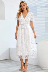 Sequin Leaf Embroidery Tie Front Short Sleeve Dress Cocktail Dresses - Tophatter Daily Deals