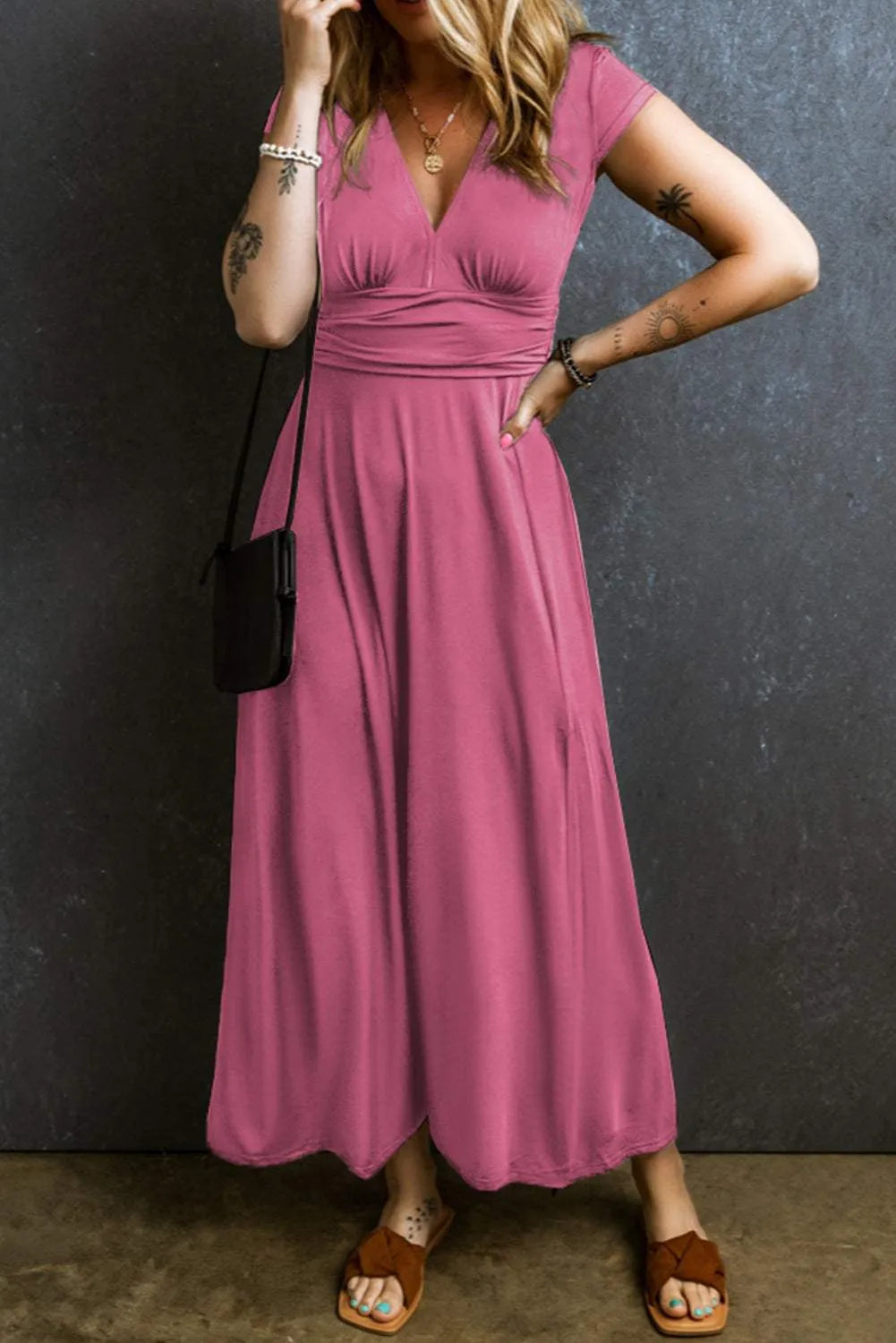 Smocked V-Neck Short Sleeve Dress Light Mauve Casual Dresses - Tophatter Daily Deals