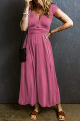 Smocked V-Neck Short Sleeve Dress Light Mauve Casual Dresses - Tophatter Daily Deals