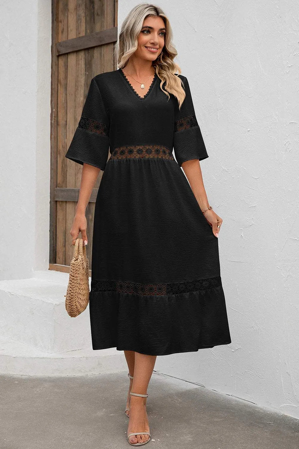 Cutout V-Neck Half Sleeve Midi Dress Black Casual Dresses - Tophatter Daily Deals