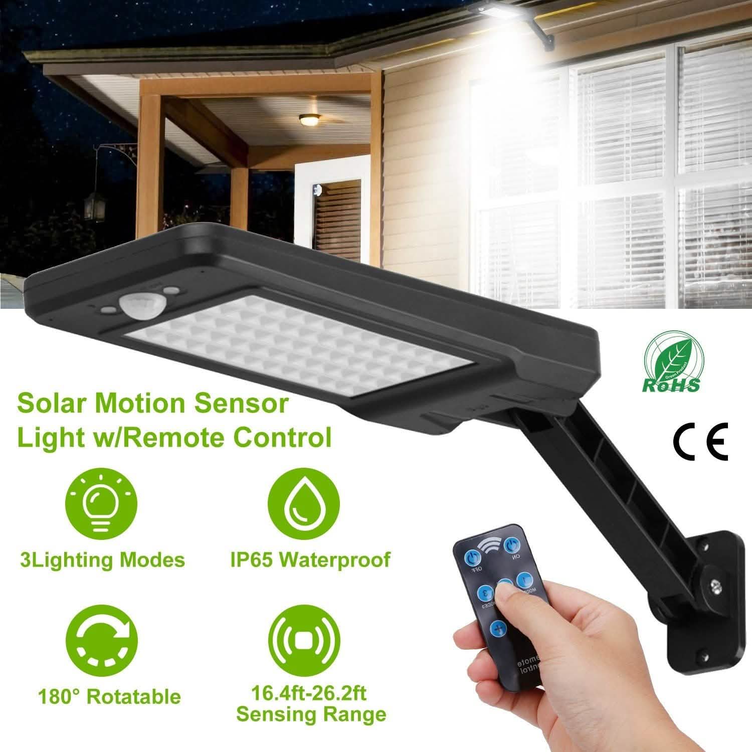 60LEDs Solar PIR Motion Sensor Remote Control Wireless Lamp Outdoor Lighting - Tophatter Daily Deals