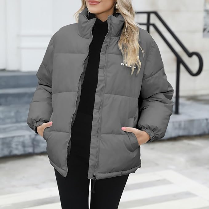 Insulating Women's Puffer Jacket - Quilted, For Winter Gray - Tophatter Daily Deals
