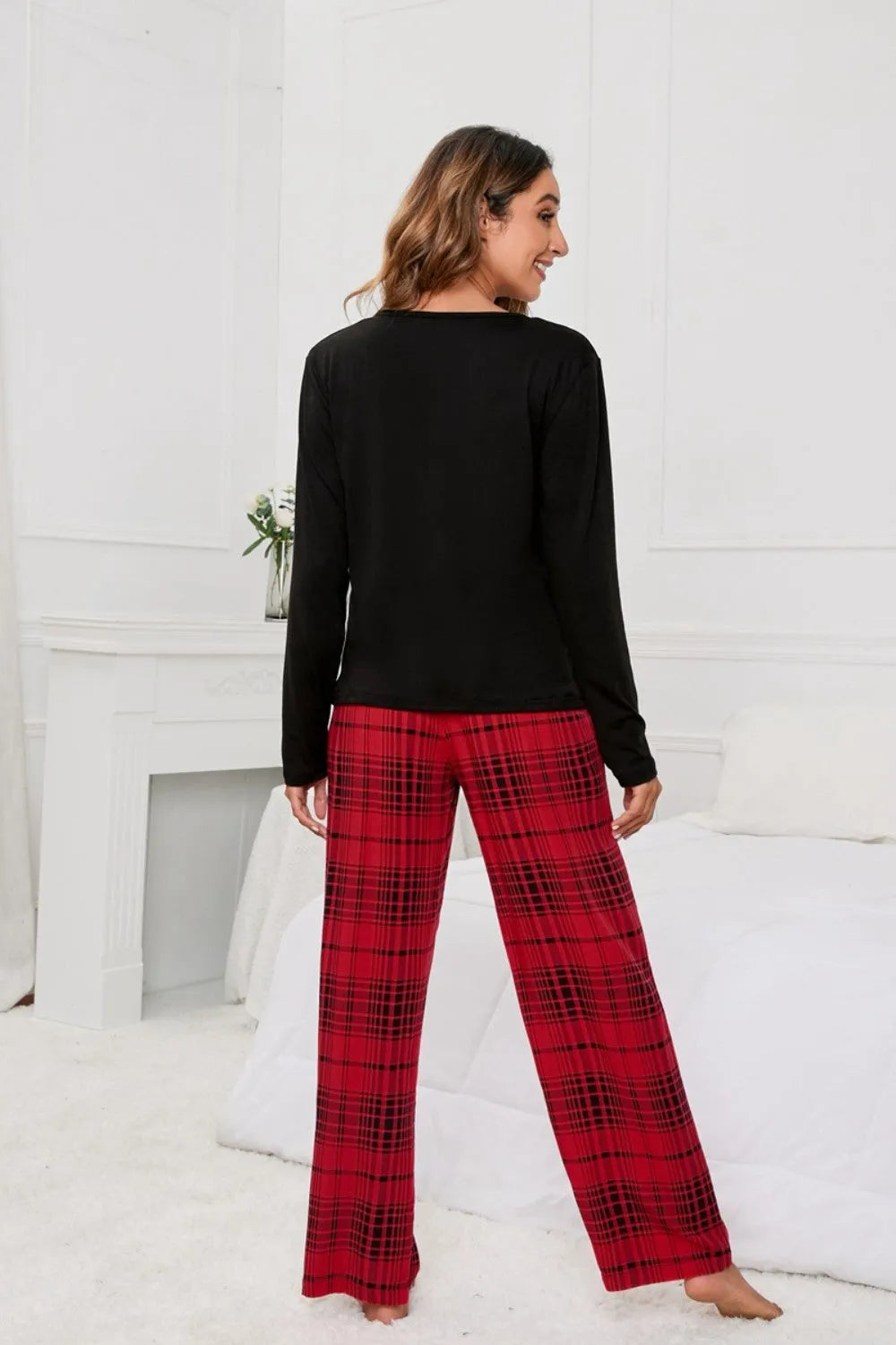 Round Neck Long Sleeve Top and Bow Plaid Pants Lounge Set Loungewear Sets - Tophatter Daily Deals