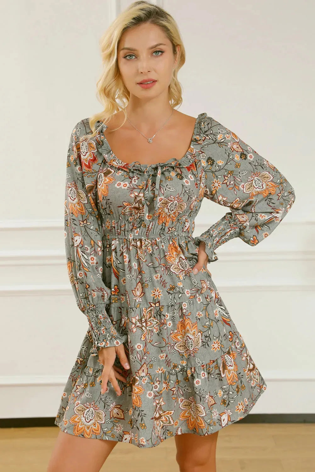 Printed Smocked Lantern Sleeve Tiered Dress Multicolor Casual Dresses - Tophatter Daily Deals