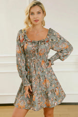 Printed Smocked Lantern Sleeve Tiered Dress Multicolor Casual Dresses - Tophatter Daily Deals