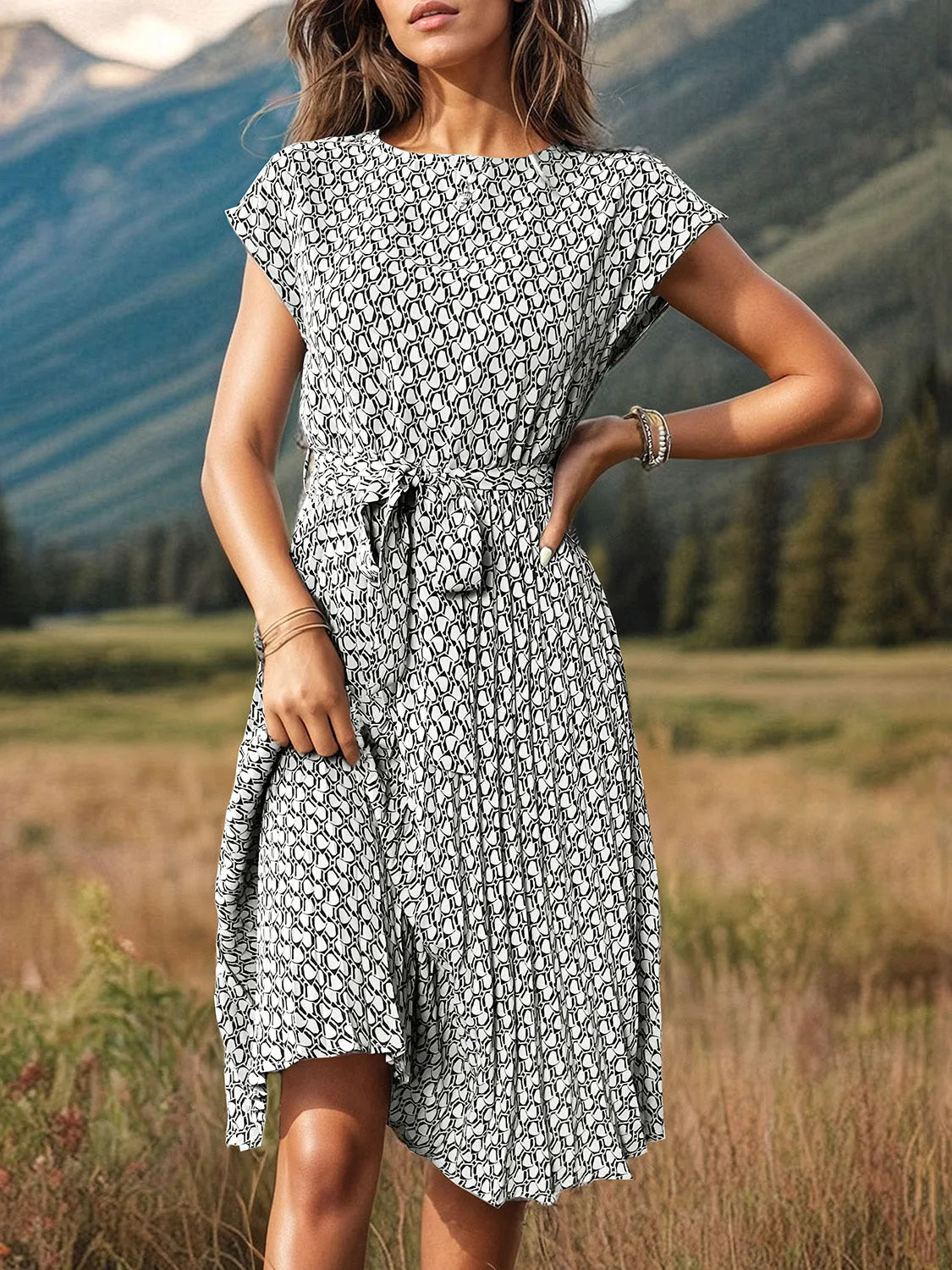 Printed Cap Sleeve Tie Waist Dress Casual Dresses - Tophatter Daily Deals