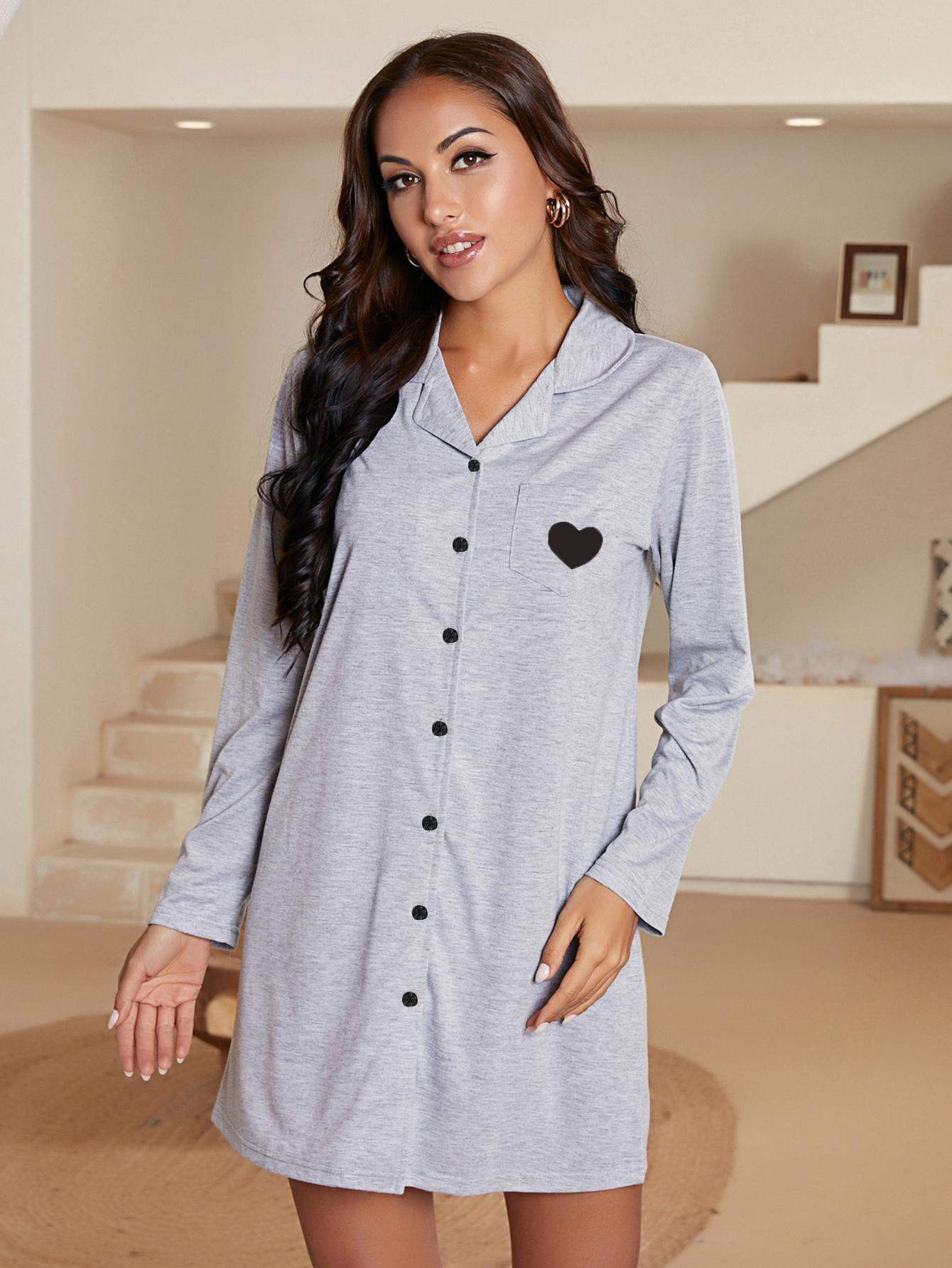 Heart Graphic Lapel Collar Long Sleeve Night Dress Grey Sleep Dresses - Tophatter Daily Deals