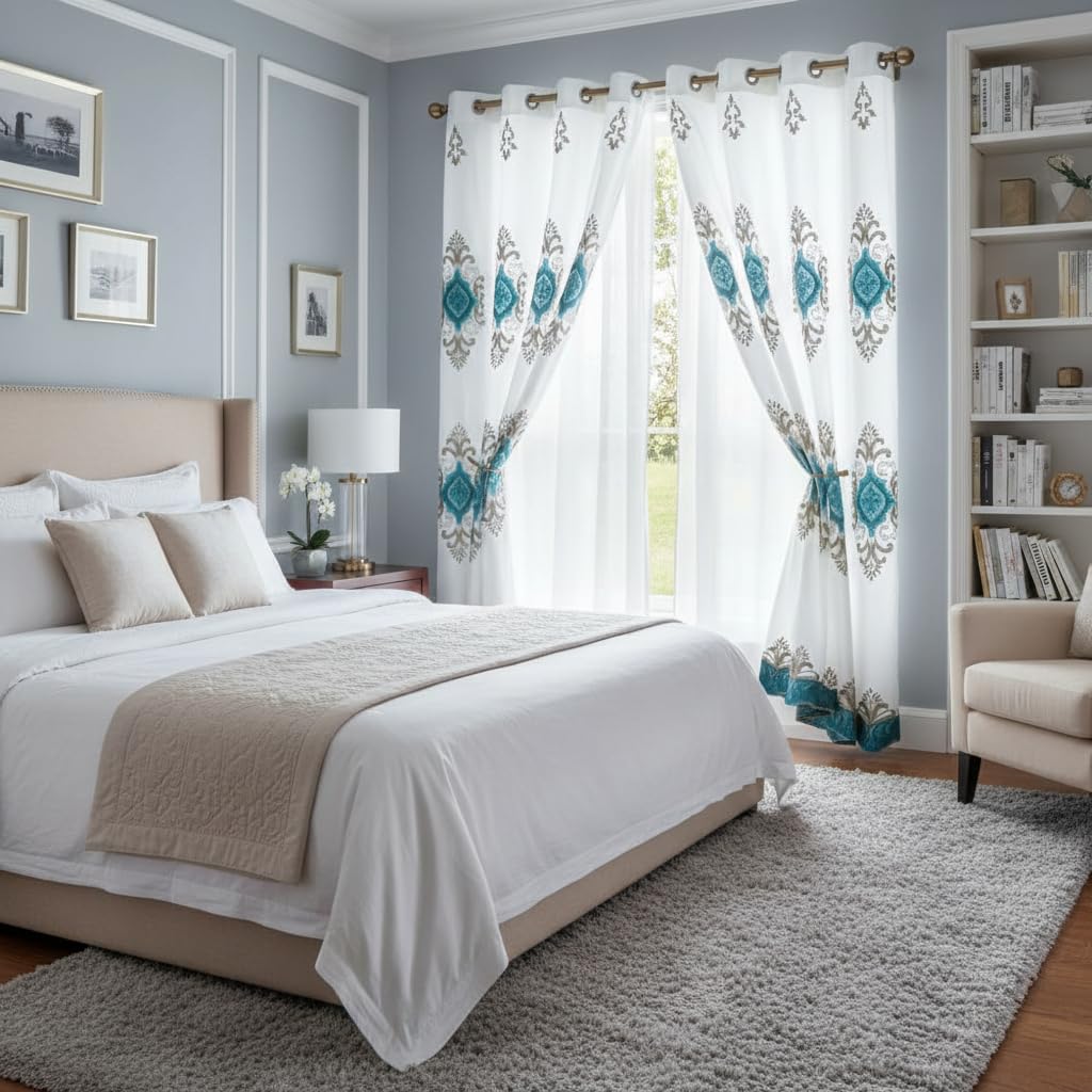 Embroidered Medallion Curtain Set – 2 Panel Window Drapes with Attached Backing & Matching Valance Furniture & Decor - Tophatter Daily Deals