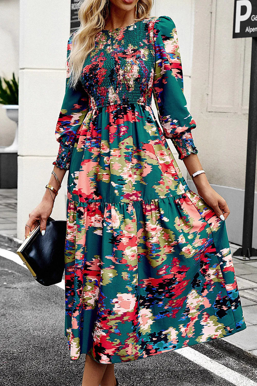 Printed Smocked Lantern Sleeve Ruffled Dress Casual Dresses - Tophatter Daily Deals