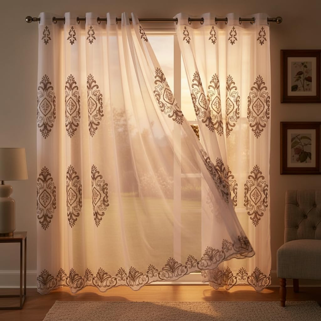Embroidered Medallion Curtain Set – 2 Panel Window Drapes with Attached Backing & Matching Valance Furniture & Decor - Tophatter Daily Deals
