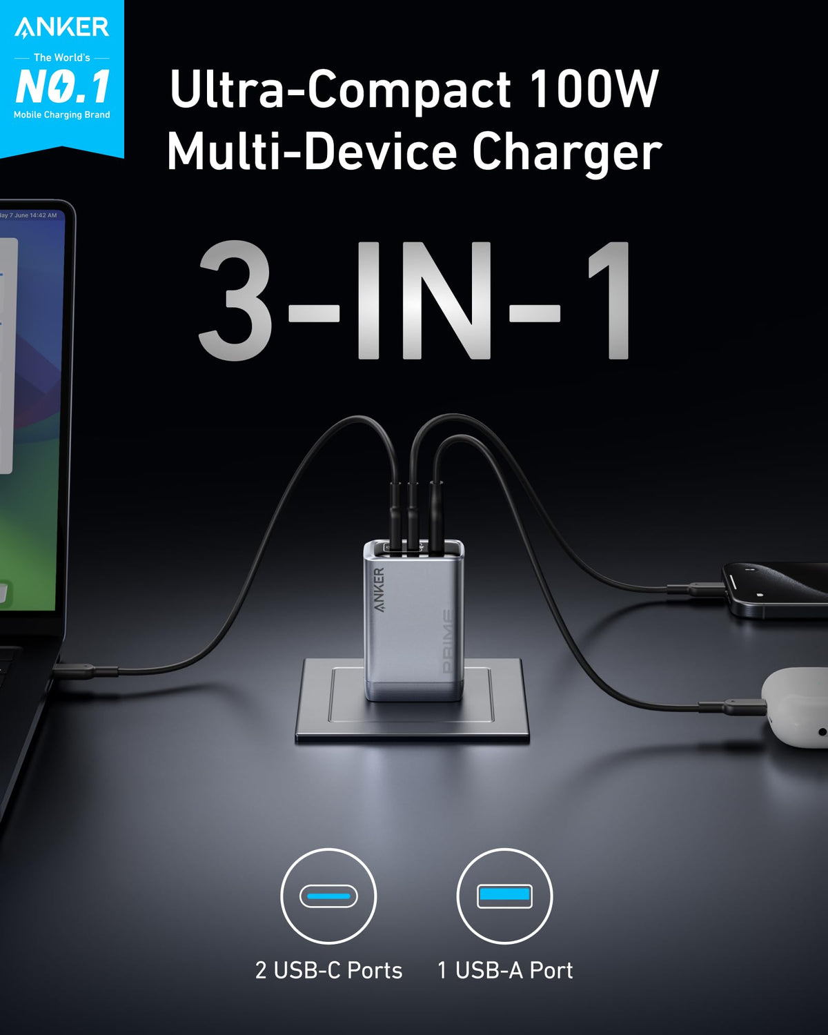Anker Prime Charger (100W, 3 Ports, GaN) Batteries & Power Accessories - Tophatter Daily Deals