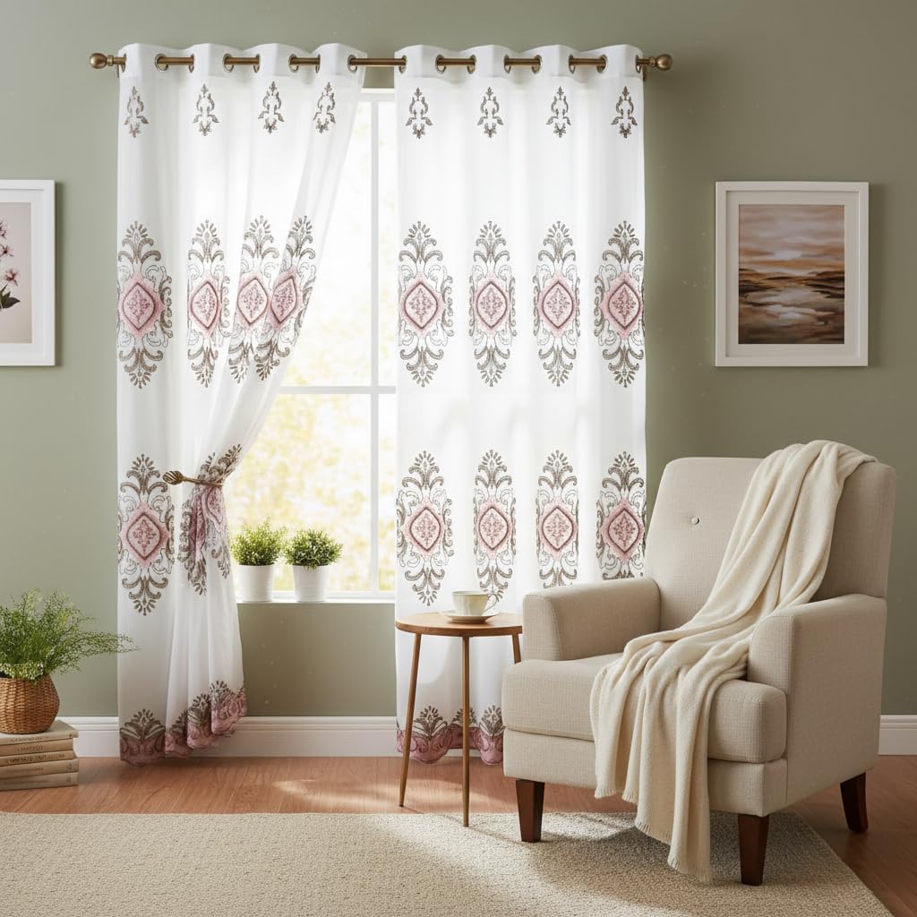 Embroidered Medallion Curtain Set – 2 Panel Window Drapes with Attached Backing & Matching Valance Furniture & Decor - Tophatter Daily Deals
