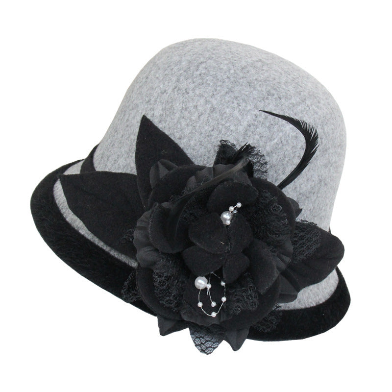 Black Brim Woolen British Feather Flower Top Hat Grey Adjustable 0 - Tophatter Daily Deals