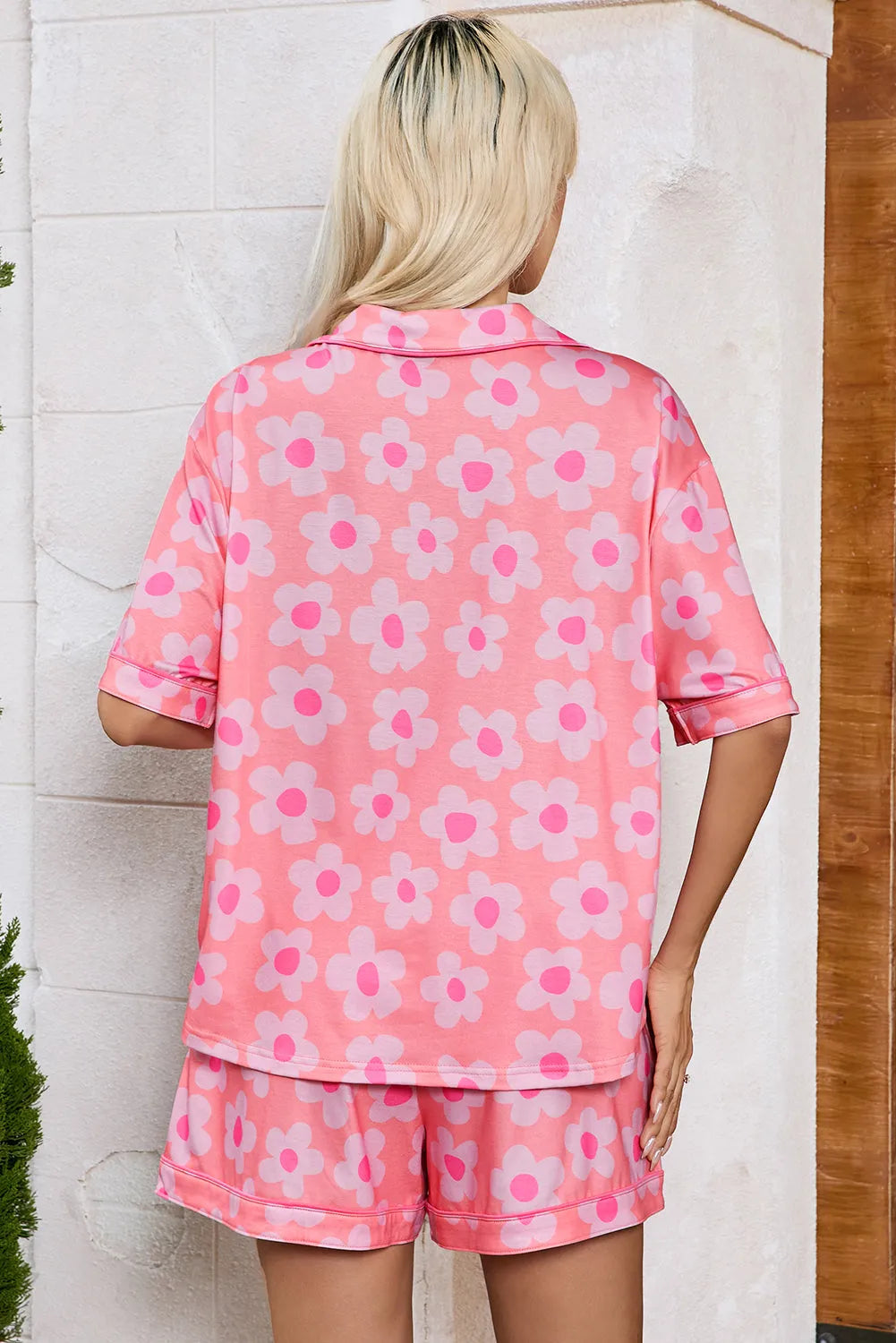Pink Flower Print Short Sleeve Shirt Pajamas Set Loungewear & Sleepwear/Sleepwear - Tophatter Daily Deals