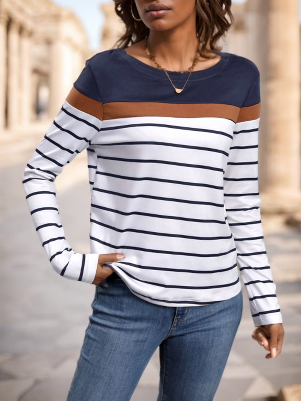 Lightweight Women's Long Sleeve T-Shirt - Striped Yoke Cotton Blue 3D Changing Face Moving Picture Frame - Tophatter Daily Deals