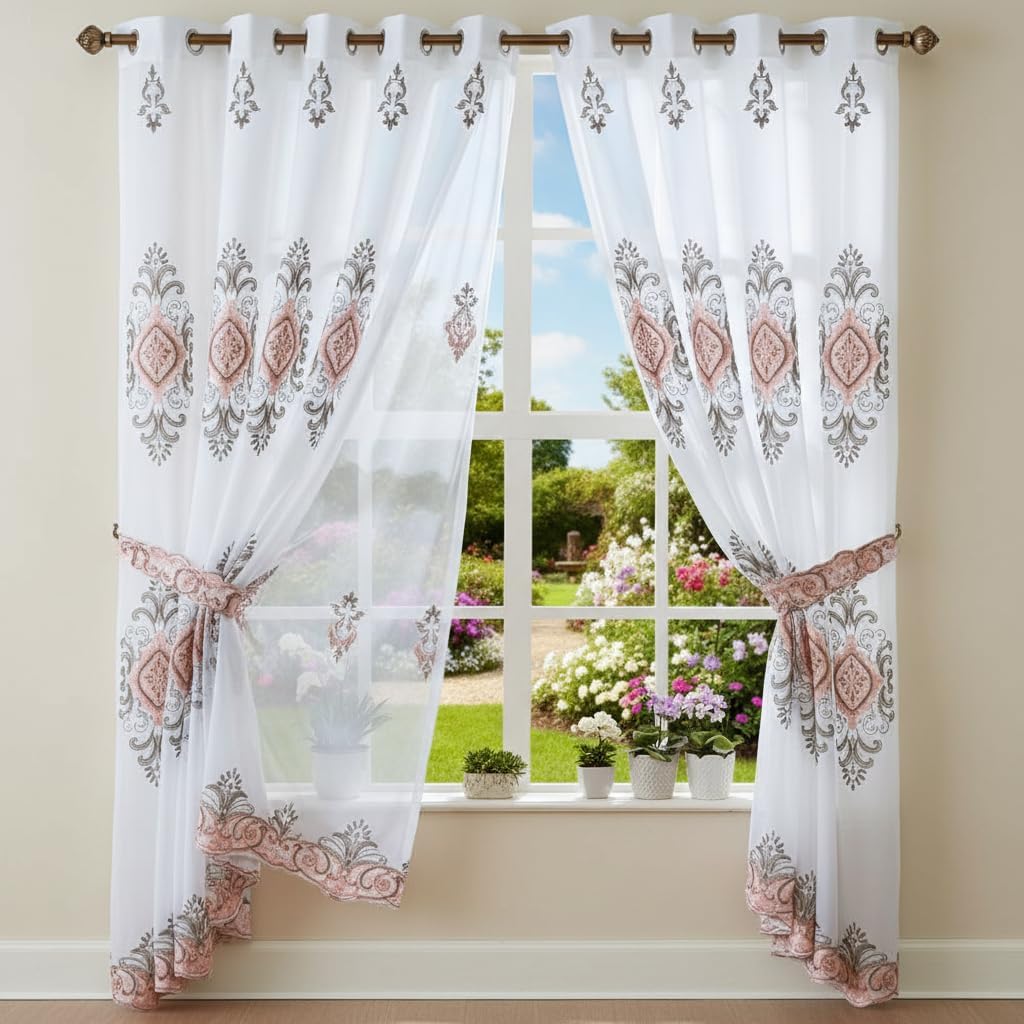 Embroidered Medallion Curtain Set – 2 Panel Window Drapes with Attached Backing & Matching Valance Furniture & Decor - Tophatter Daily Deals