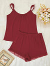 Gathered Detail Spliced Mesh Sleeveless Top and Shorts Lounge Set Red Loungewear Sets - Tophatter Daily Deals