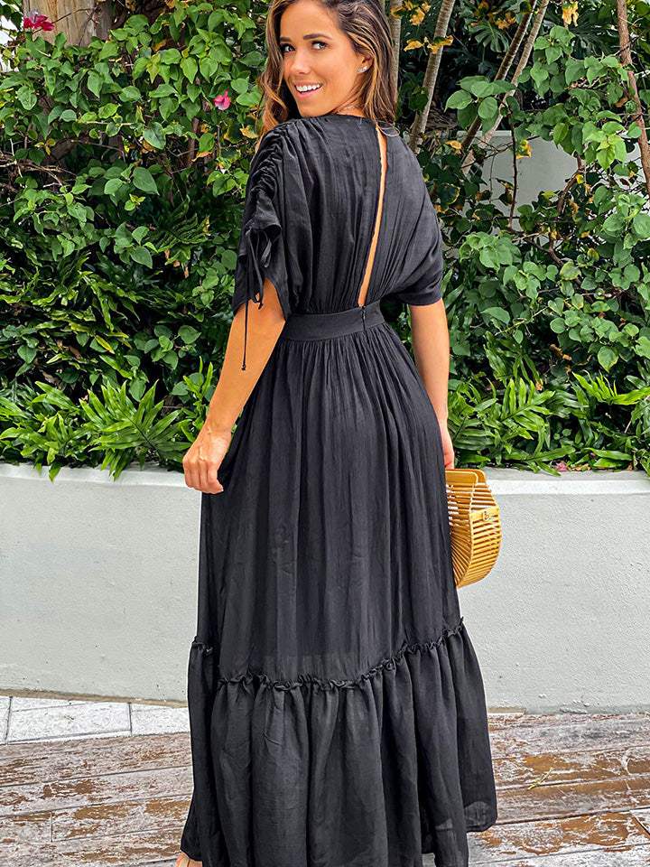 Plunge Neck Tie Sleeve Maxi Dress Casual Dresses - Tophatter Daily Deals