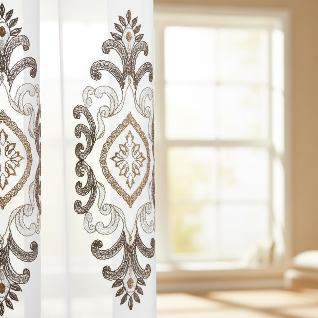 Embroidered Medallion Curtain Set – 2 Panel Window Drapes with Attached Backing & Matching Valance Furniture & Decor - Tophatter Daily Deals