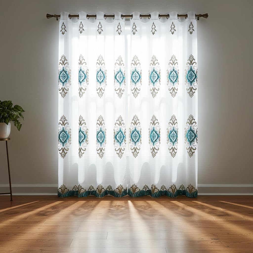 Embroidered Medallion Curtain Set – 2 Panel Window Drapes with Attached Backing & Matching Valance Furniture & Decor - Tophatter Daily Deals