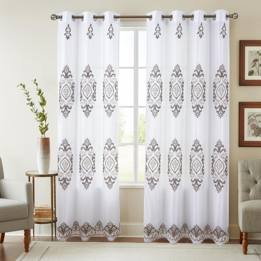 Embroidered Medallion Curtain Set – 2 Panel Window Drapes with Attached Backing & Matching Valance White Furniture & Decor - Tophatter Daily Deals
