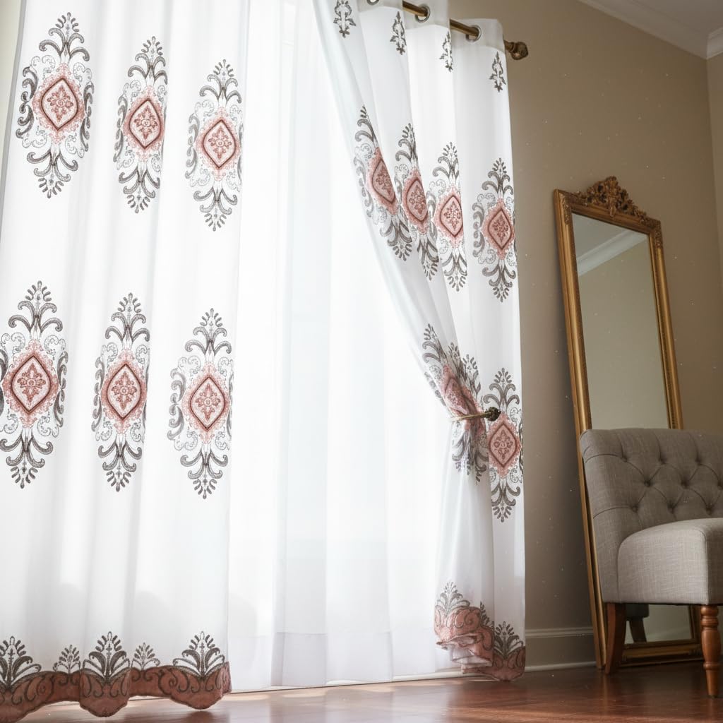 Embroidered Medallion Curtain Set – 2 Panel Window Drapes with Attached Backing & Matching Valance Furniture & Decor - Tophatter Daily Deals