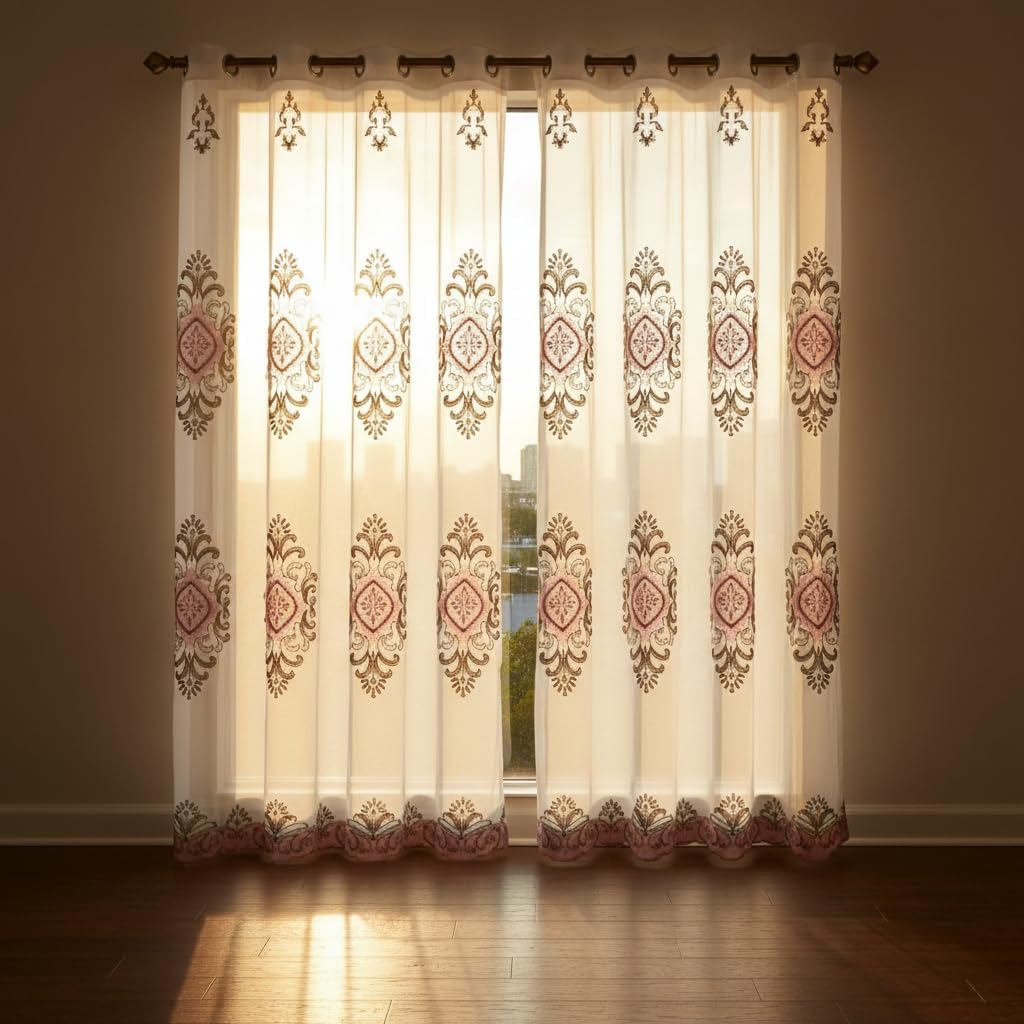 Embroidered Medallion Curtain Set – 2 Panel Window Drapes with Attached Backing & Matching Valance Furniture & Decor - Tophatter Daily Deals
