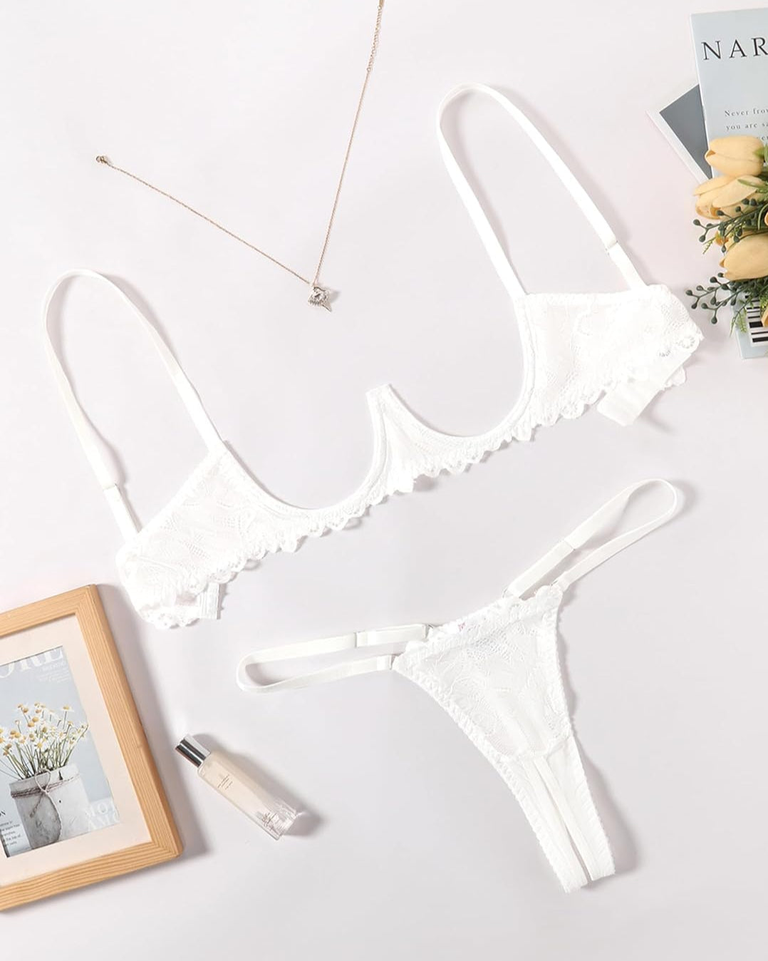 Lace Bra and Panty Underwire Lingerie Set White Lingerie Sets-Bra Sets - Tophatter Daily Deals