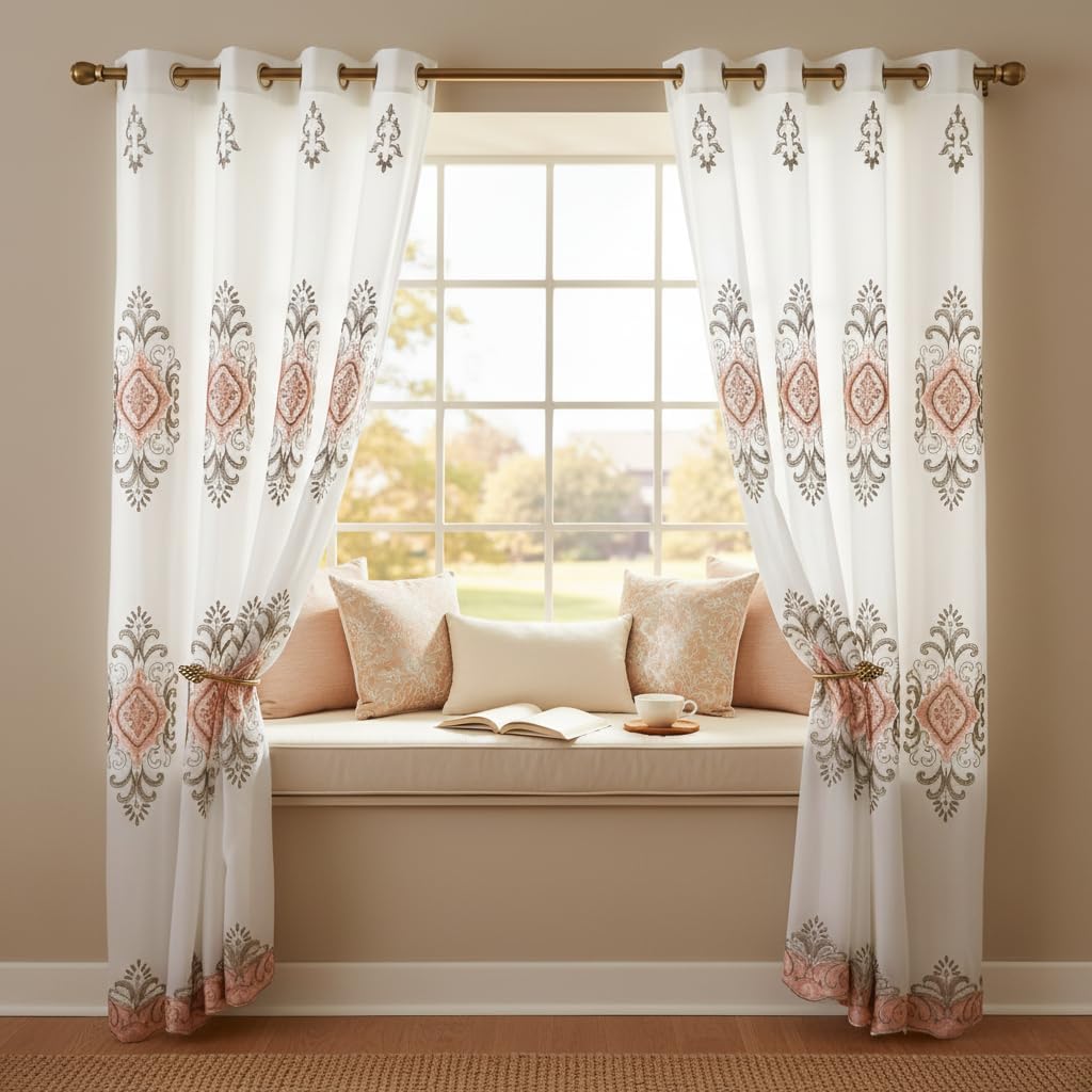 Embroidered Medallion Curtain Set – 2 Panel Window Drapes with Attached Backing & Matching Valance Furniture & Decor - Tophatter Daily Deals