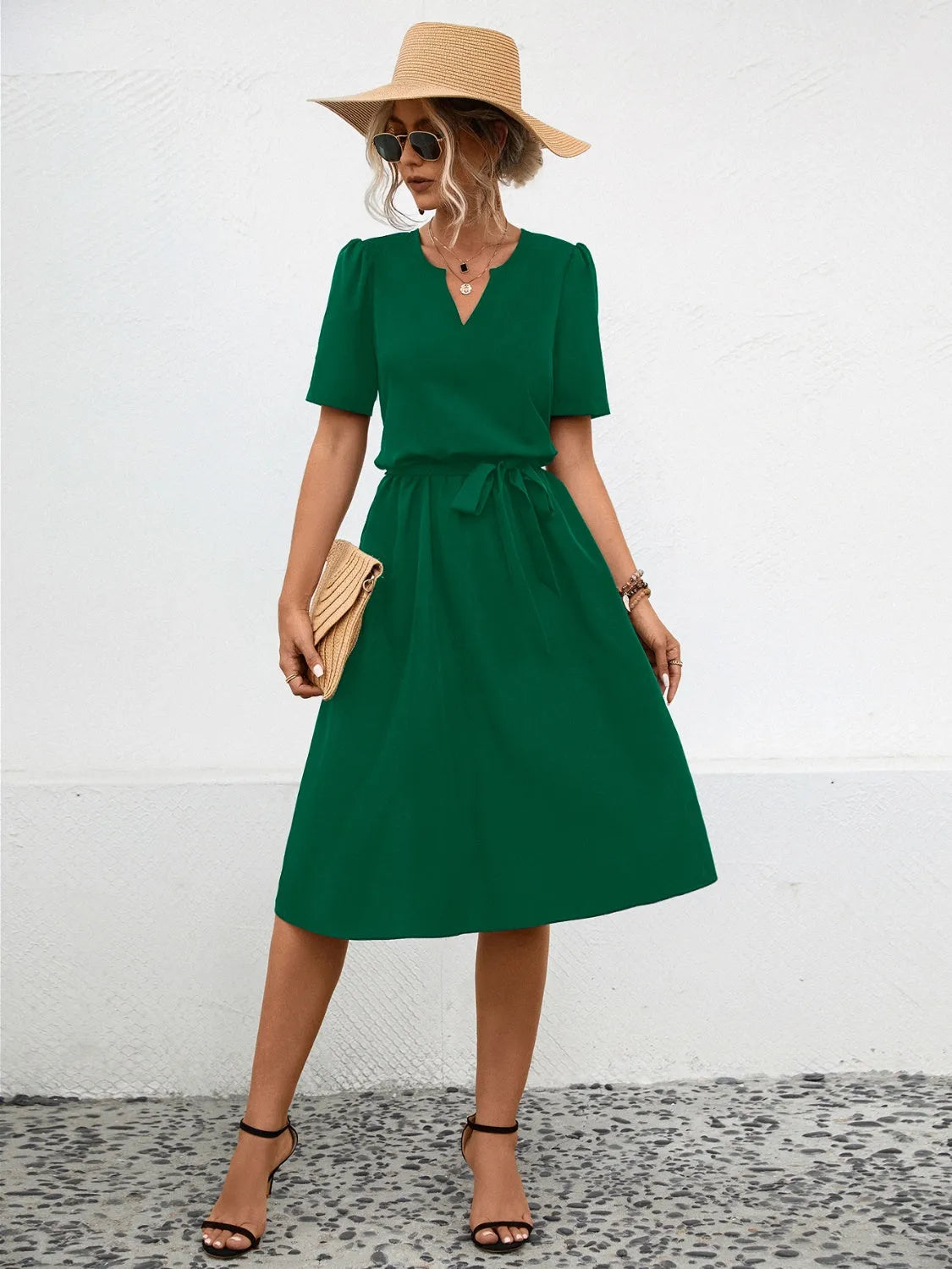 Tied Notched Short Sleeve Dress Green Casual Dresses - Tophatter Daily Deals