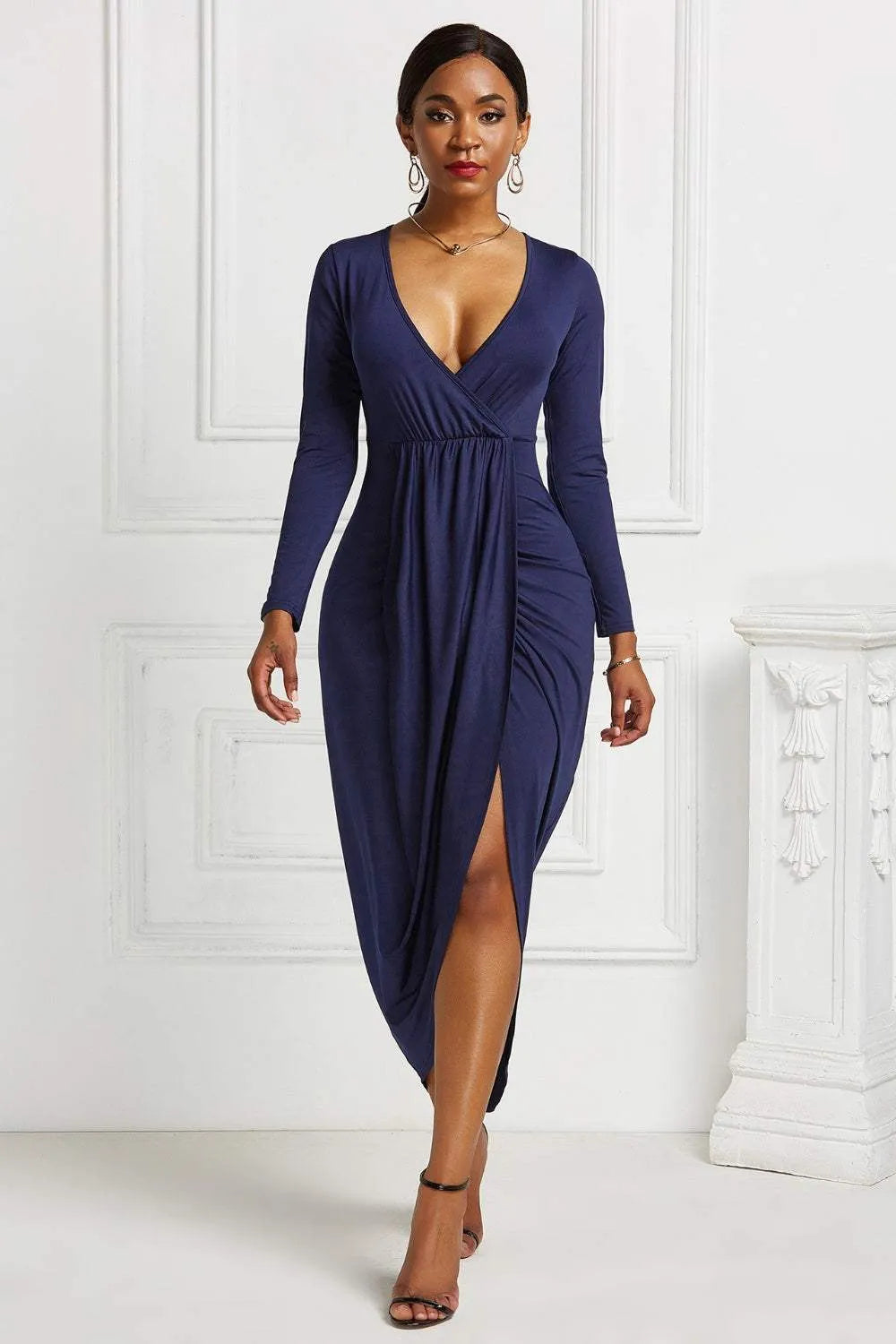High-low Ruched Surplice Long Sleeve Dress Navy Cocktail Dresses - Tophatter Daily Deals