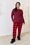 Zenana Full Size Plaid Round Neck Top and Pants Pajama Set Dark Burgundy Loungewear Sets - Tophatter Daily Deals