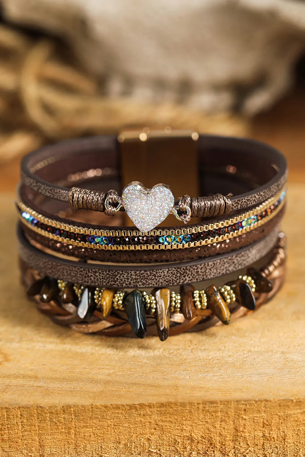 Brown Glittering Heart Accent Multi-layer Vintage PU Bracelet Bracelets - Tophatter Daily Deals