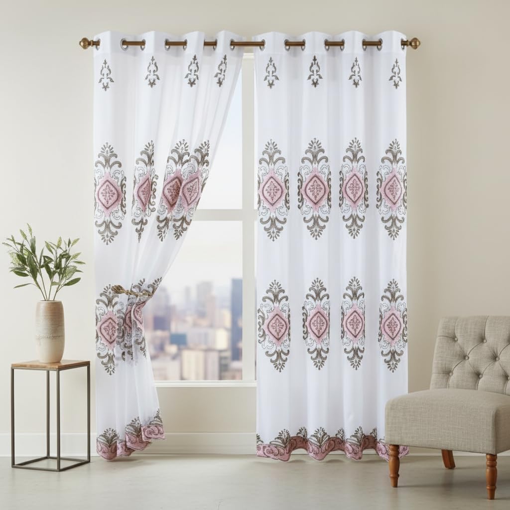 Embroidered Medallion Curtain Set – 2 Panel Window Drapes with Attached Backing & Matching Valance Pink Furniture & Decor - Tophatter Daily Deals