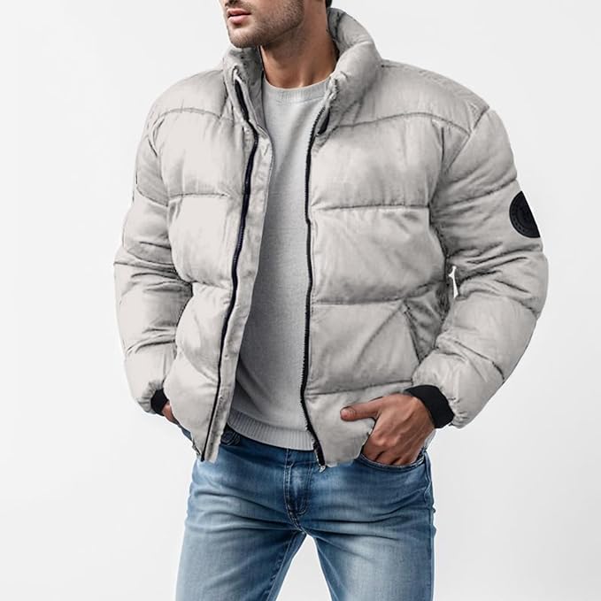 Insulating Men’s Puffer Jacket - Boxy Hip-Length, Winter Gray - Tophatter Daily Deals