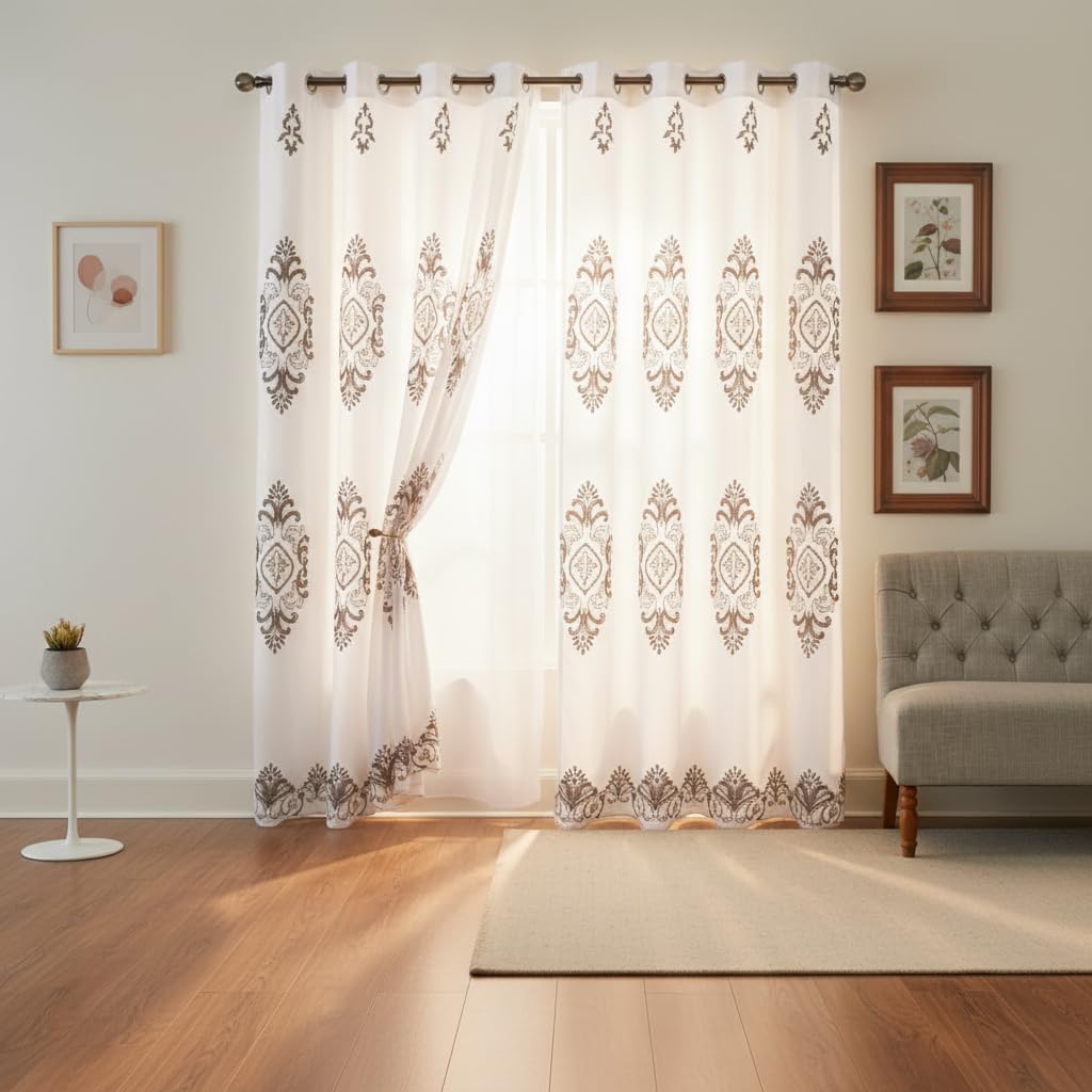 Embroidered Medallion Curtain Set – 2 Panel Window Drapes with Attached Backing & Matching Valance Furniture & Decor - Tophatter Daily Deals