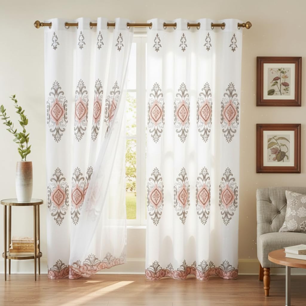 Embroidered Medallion Curtain Set – 2 Panel Window Drapes with Attached Backing & Matching Valance BLUSH Furniture & Decor - Tophatter Daily Deals