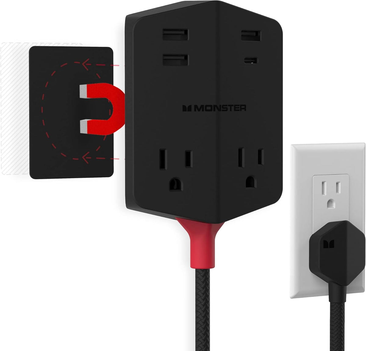 Monster Power Shield: Magnetic Wall Extender with 2 AC, 3 USB-A, 1 USB-C Computer Accessories - Tophatter Daily Deals
