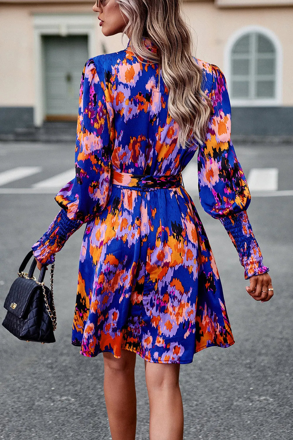 Printed Tie Waist Mock Neck Lantern Sleeve Dress Casual Dresses - Tophatter Daily Deals