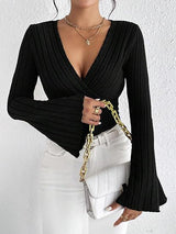 Stretchy Women’s Long Sleeve Top - V Neck, Ribbed Knit Black 3D Changing Face Moving Picture Frame - Tophatter Daily Deals