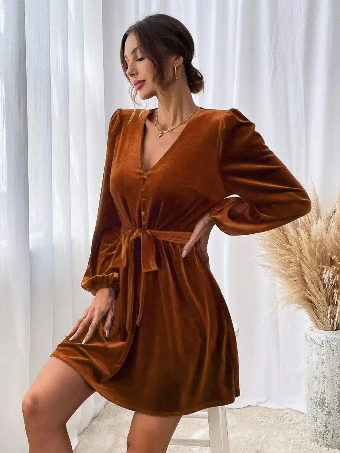 V-Neck Tie Waist Mini Dress Cocktail Dresses - Tophatter Daily Deals