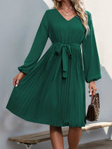 Lace V-Neck Long Sleeve Pleated Dress Casual Dresses - Tophatter Daily Deals