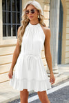 Ruched Grecian Neck Tie Waist Mini Dress White Casual Dresses - Tophatter Daily Deals