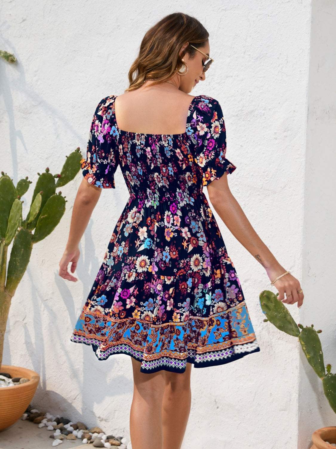 Printed Square Neck Short Sleeve Dress Casual Dresses - Tophatter Daily Deals