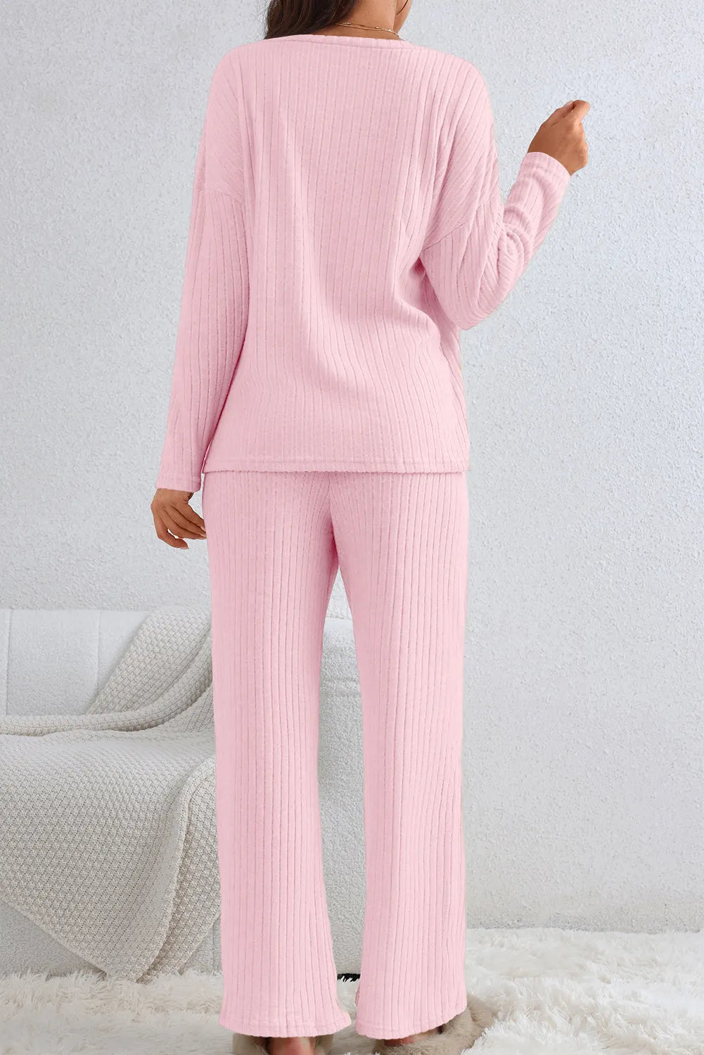 Light Pink Ribbed Knit V Neck Slouchy Two-piece Outfit Loungewear & Sleepwear/Loungewear - Tophatter Daily Deals
