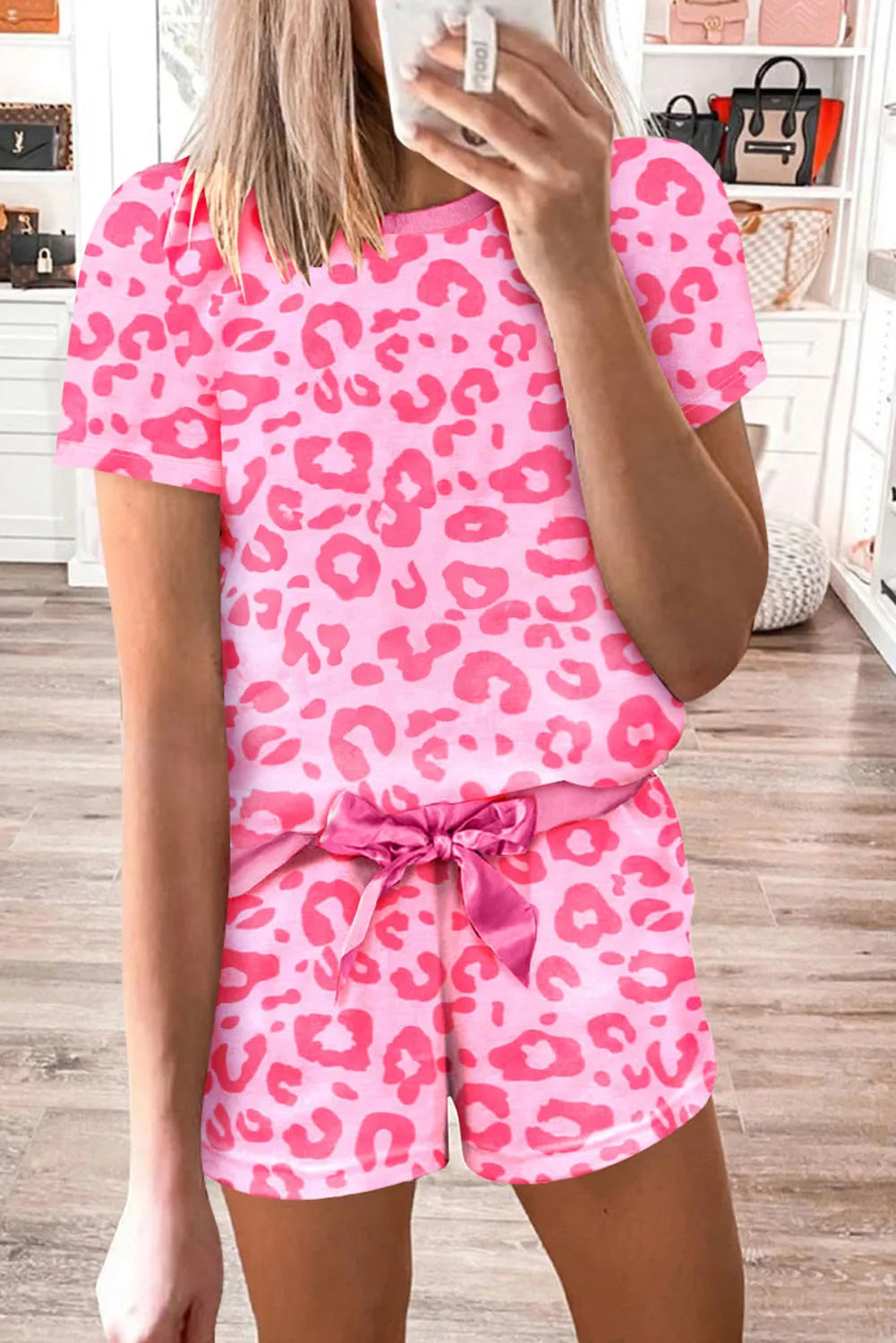 Pink Leopard Print Tee and Satin Tie Shorts Lounge Set Loungewear & Sleepwear/Loungewear - Tophatter Daily Deals