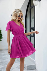 Surplice Neck Tie Waist Flutter Sleeve Pleated Dress Casual Dresses - Tophatter Daily Deals